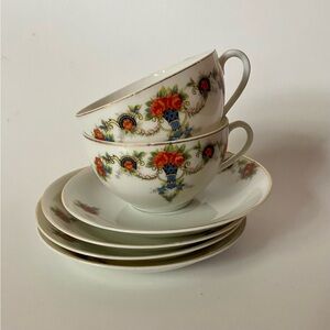 Vintage YAMAKA Occupied Japan Porcelain 2 Cups & 4 Saucers Set Floral Motif
